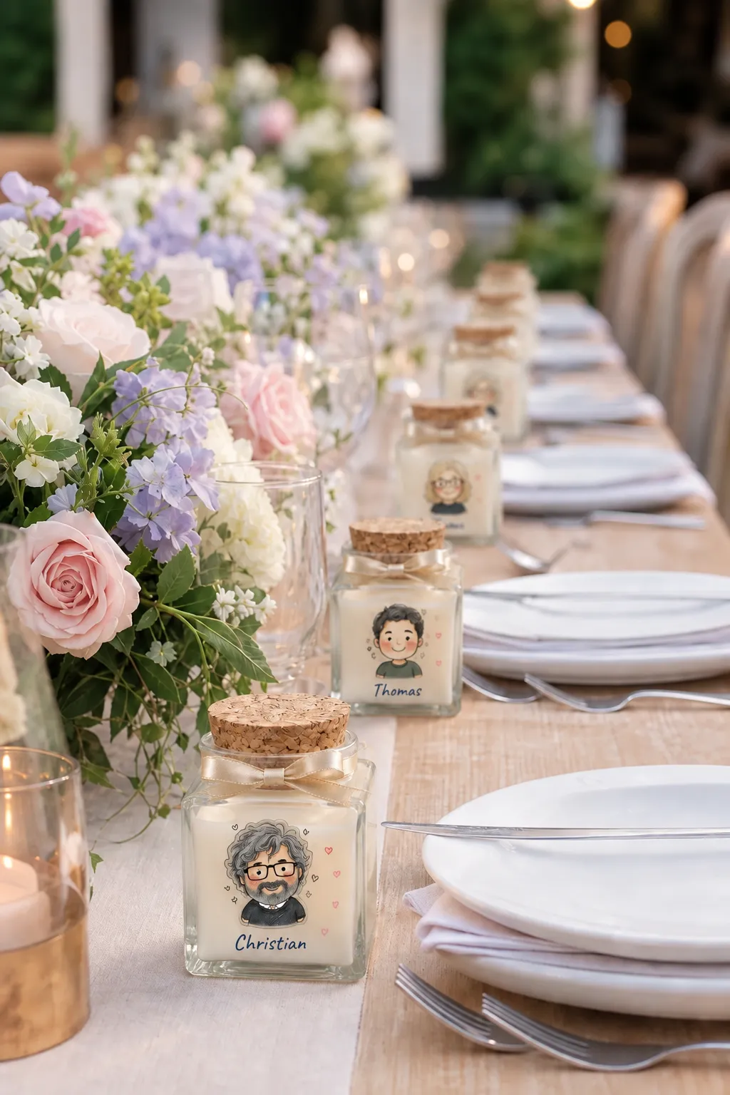 Table de mariage en plein jour : devant chaque assiette, une bougie au portrait illustré de l'invité imprimé sur le verre, Christian au premier plan